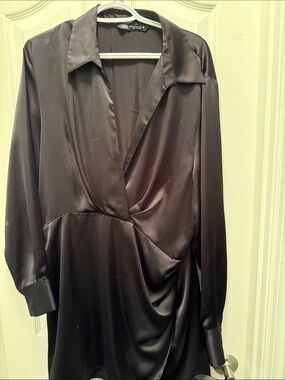 ZARA Black Satin Wrap-Style Blouse